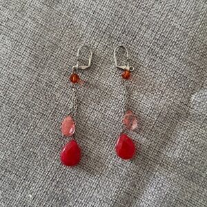 Pink Quartz Teardrop Dangle Earrings with Silver Tone Chain & Beads